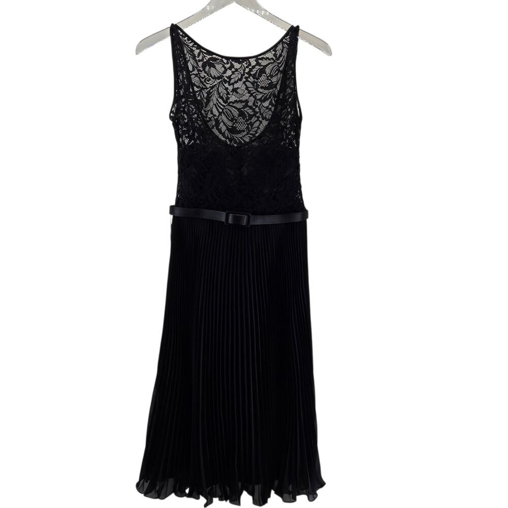 Theia Cocktail Dress Womens 6 Black Midi Sleeveless Lace Top Pleated Skirt Belt